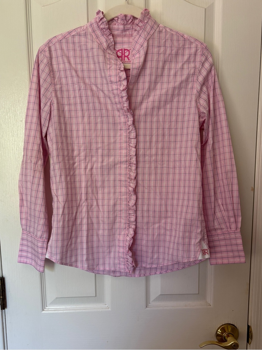 Pink, White, & Blue Plaid 100% Cotton Button-Down Shirt with Ruffle Detail ~ Med